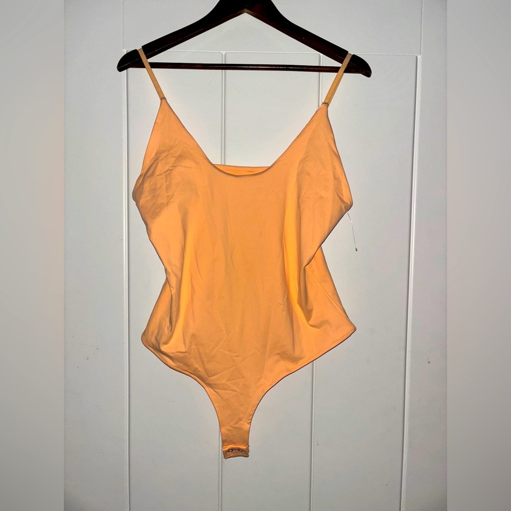 Reoria Square Neck Cami Thong Orange Spaghetti Strap Bodysuit Women XL‎ NEW